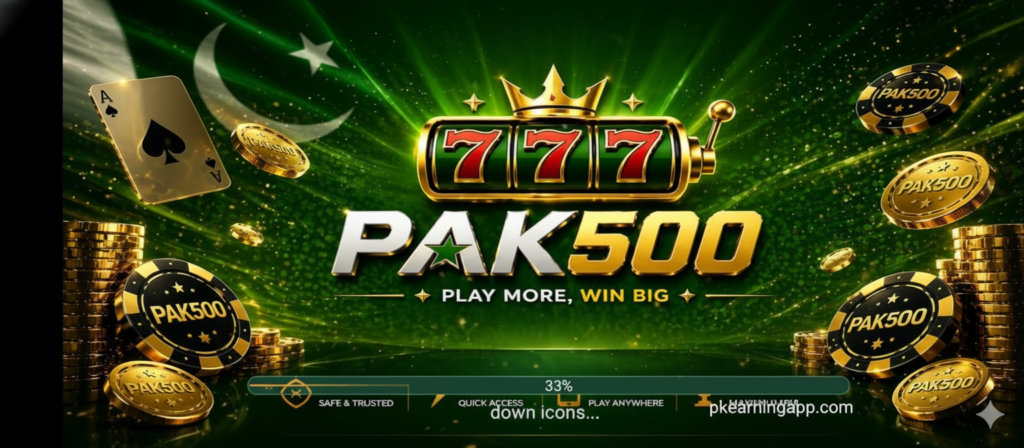 PAK500 APK latest version download screen showing Android mobile interface with mini games, daily tasks, and reward options to earn via Easypaisa and JazzCash in Pakistan